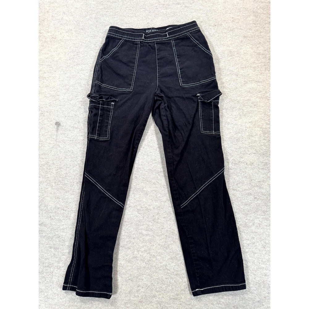 Hot Kiss Womens Black Relaxed Fit Mid Rise Cargo Pants Contrast Stitch Size L